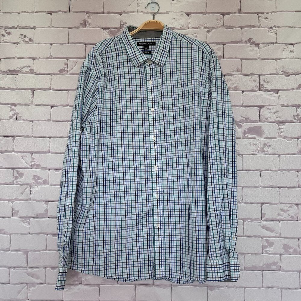 Michael Kors Men's Button Down Long Sleeve Dress Shirt Blue‎ Green Stripe XXL